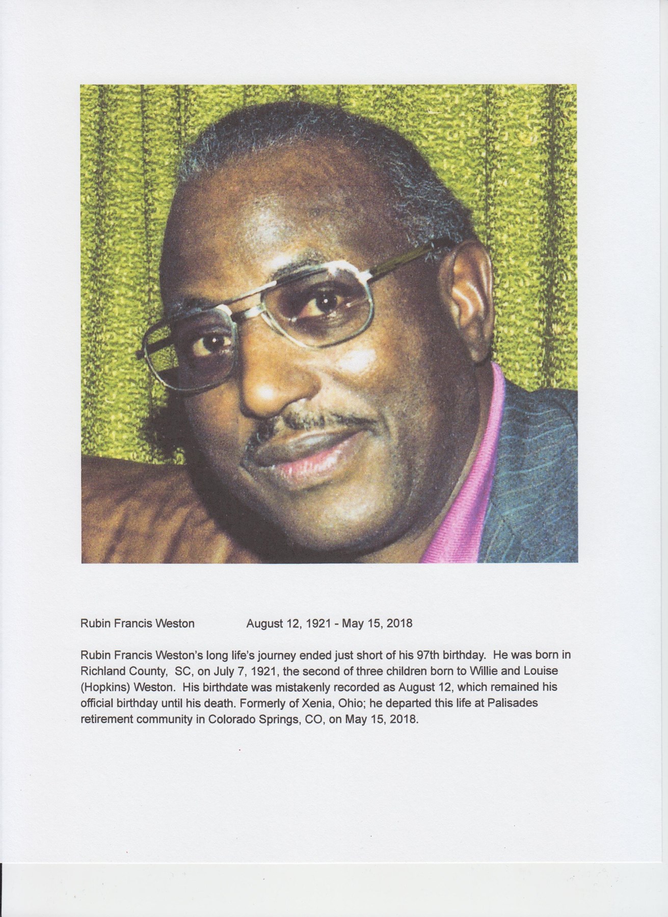 Obituary of Rubin Francis Weston