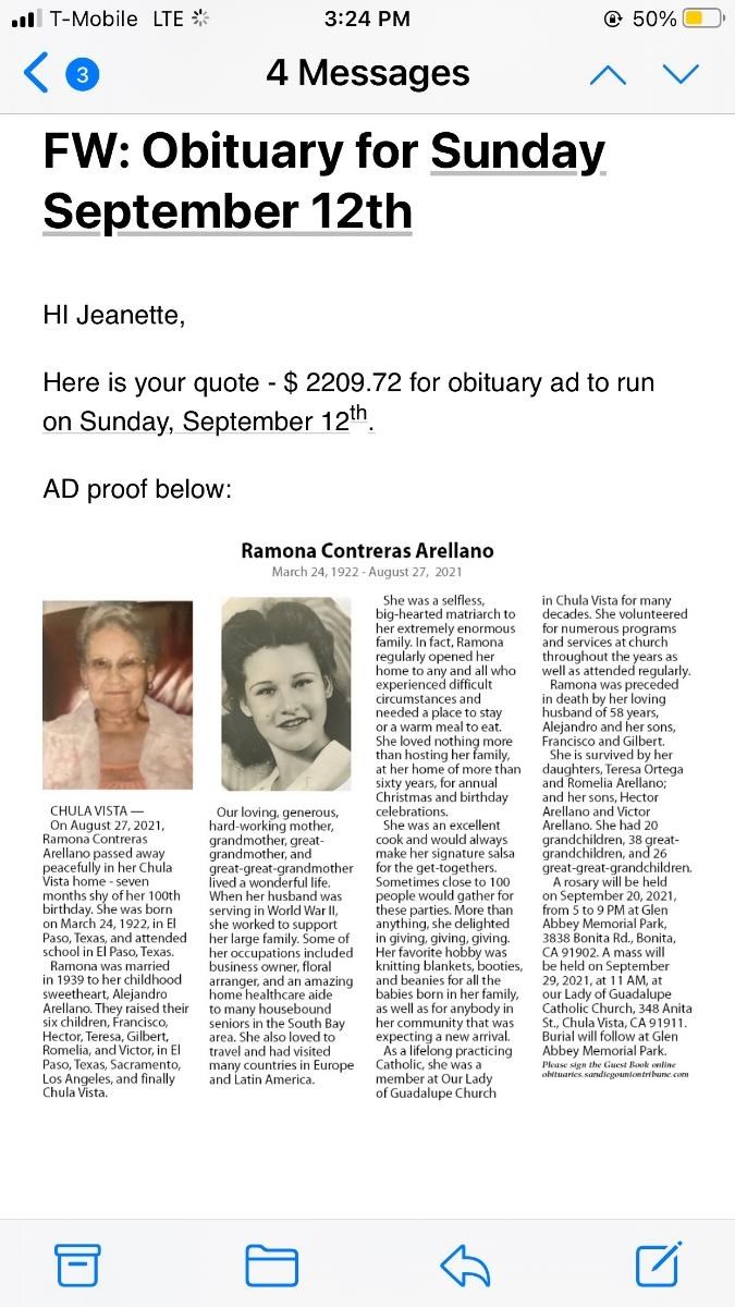 Obituary of Ramona C. Arellano