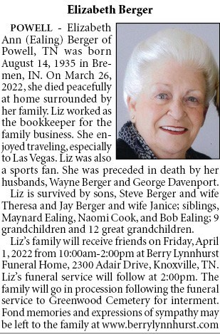 Obituary of Elizabeth Ann Berger