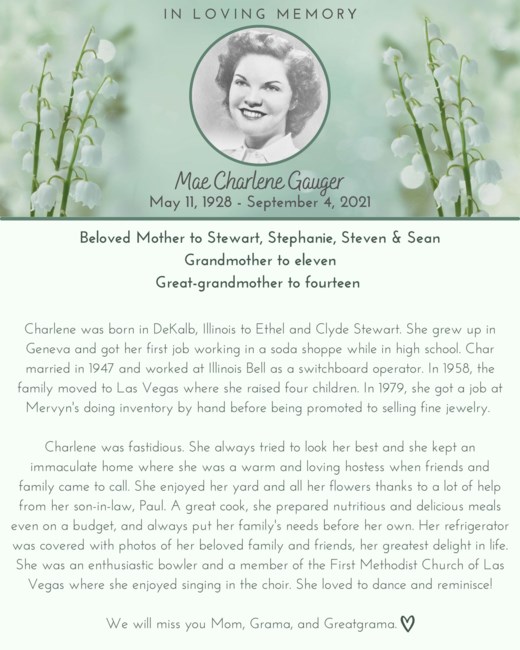 Obituary of Mae Charleen Gauger