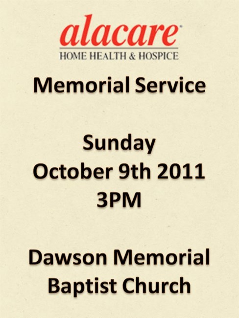 Obituary of Alacare Memorial Service Sunday October 9th 2011