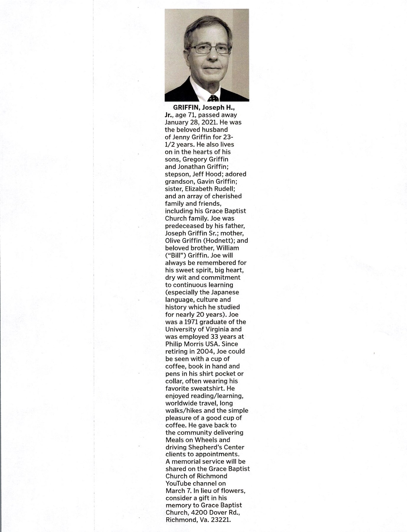 Obituary of Joseph H. Griffin Jr.