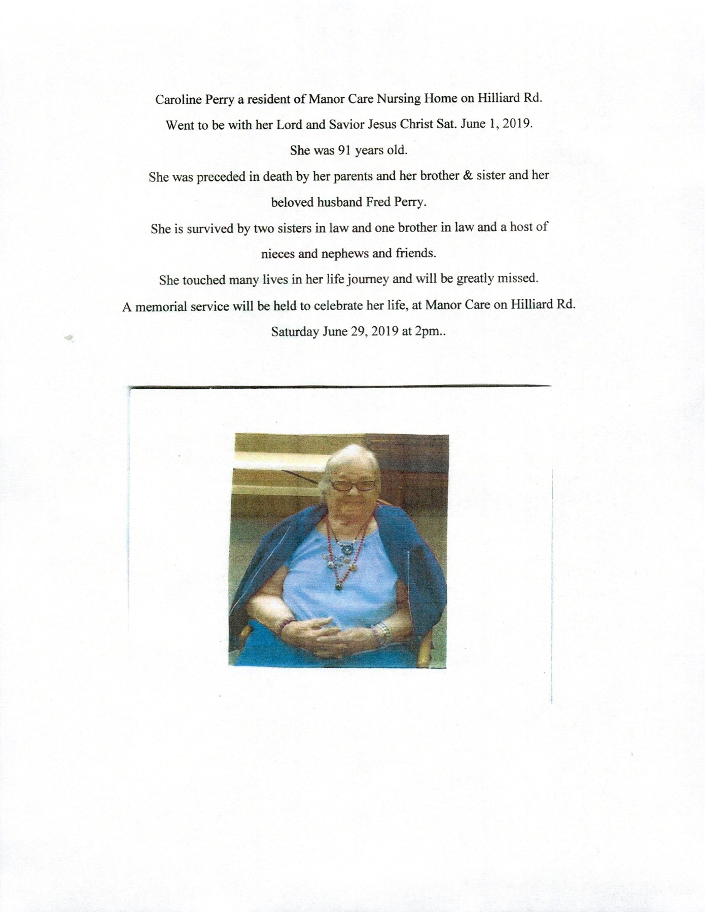 Obituary of Caroline Dorothy Perry