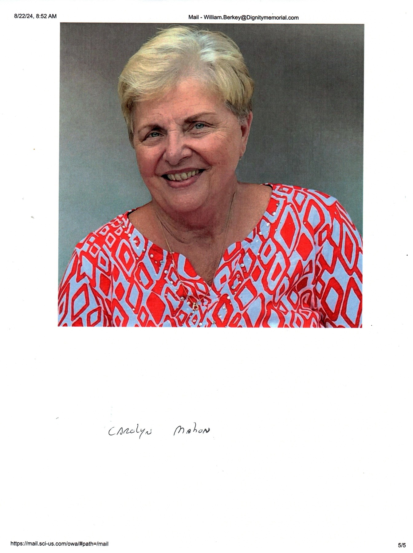 Obituary of Carolyn Dorothy Mahon