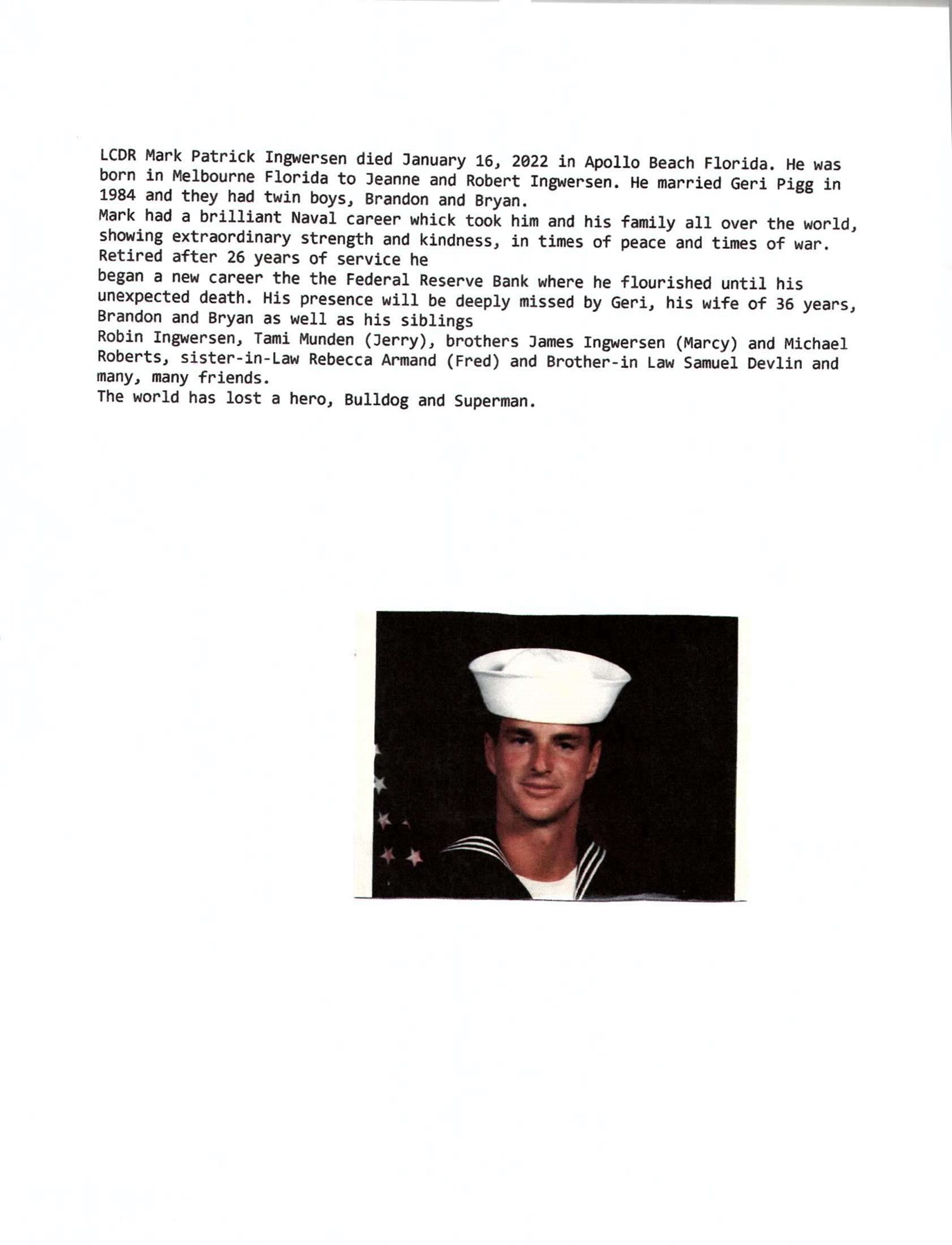 Obituary of LCDR Mark Patrick Ingwersen