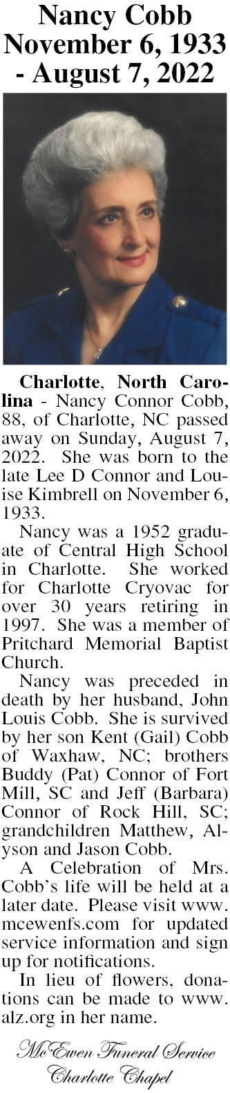 Obituary of Nancy Connor Cobb