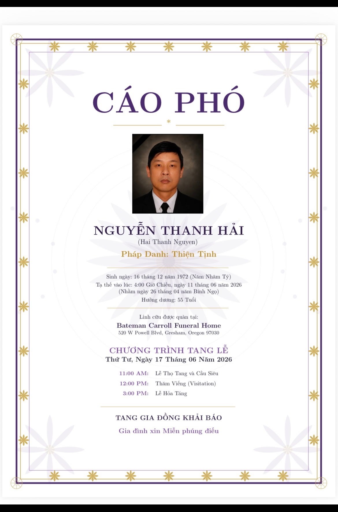 Obituary of Hai Thanh Nguyen