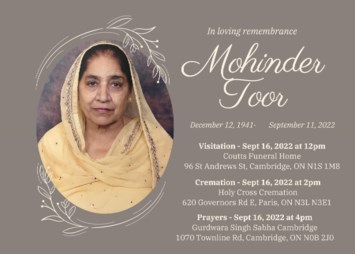 Obituary of Mohinder Kaur Toor