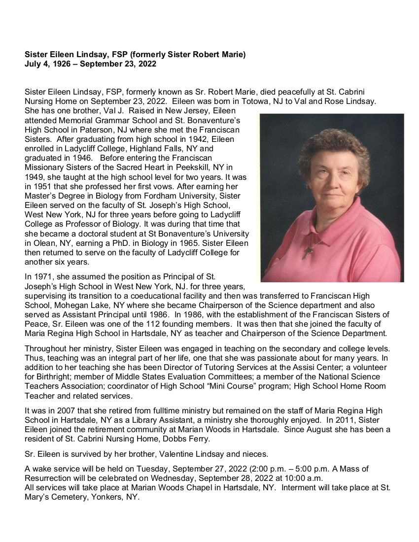 Obituary of Sr. Eileen Lindsay, F.S.P.