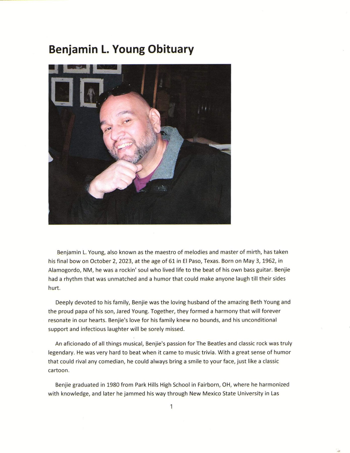 Obituary of Benjamin L Young