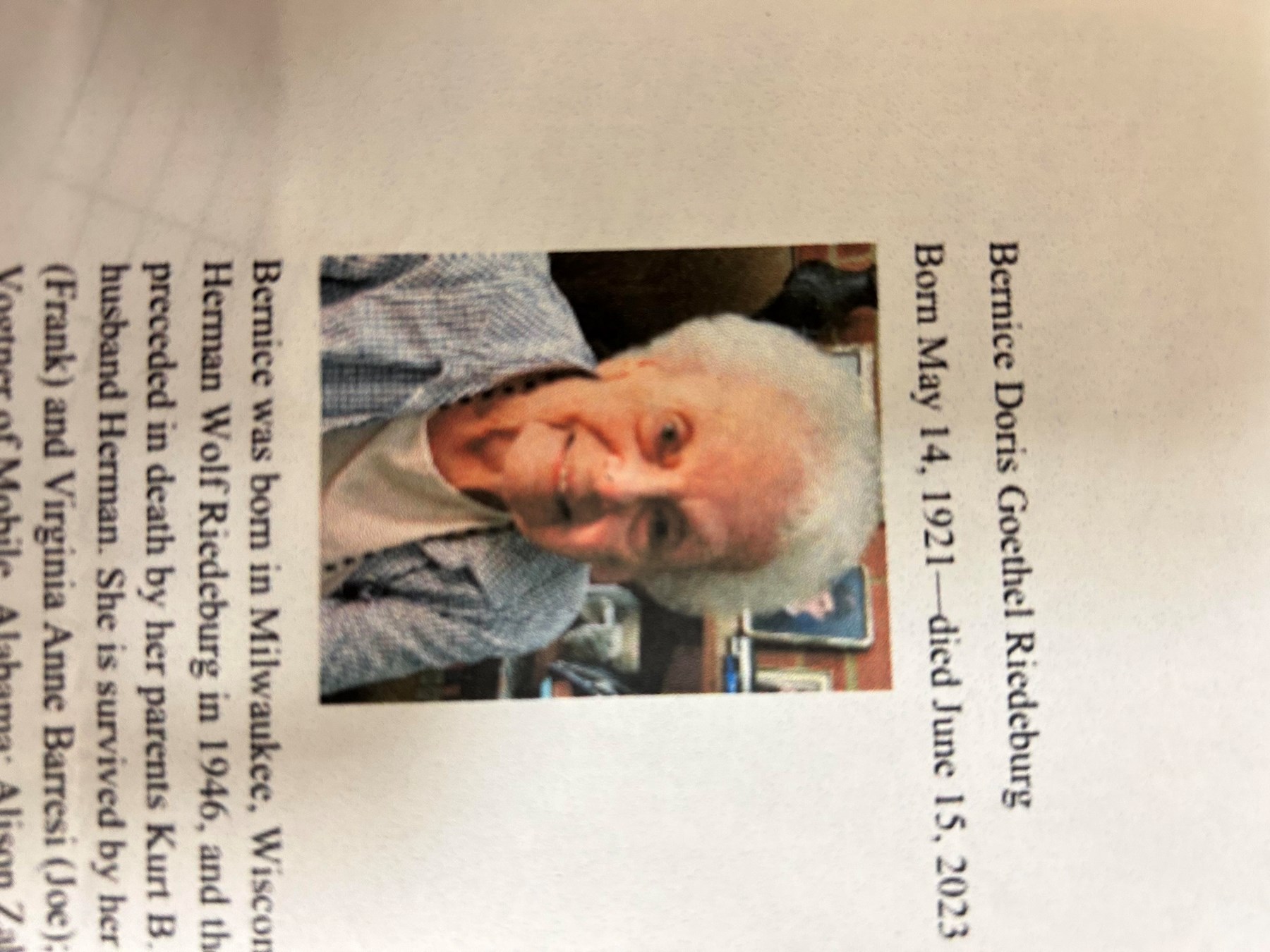 Obituary of Bernice Doris Riedeburg