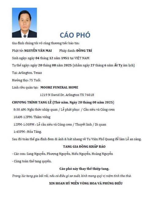 Avis de décès de Mai Van Nguyen