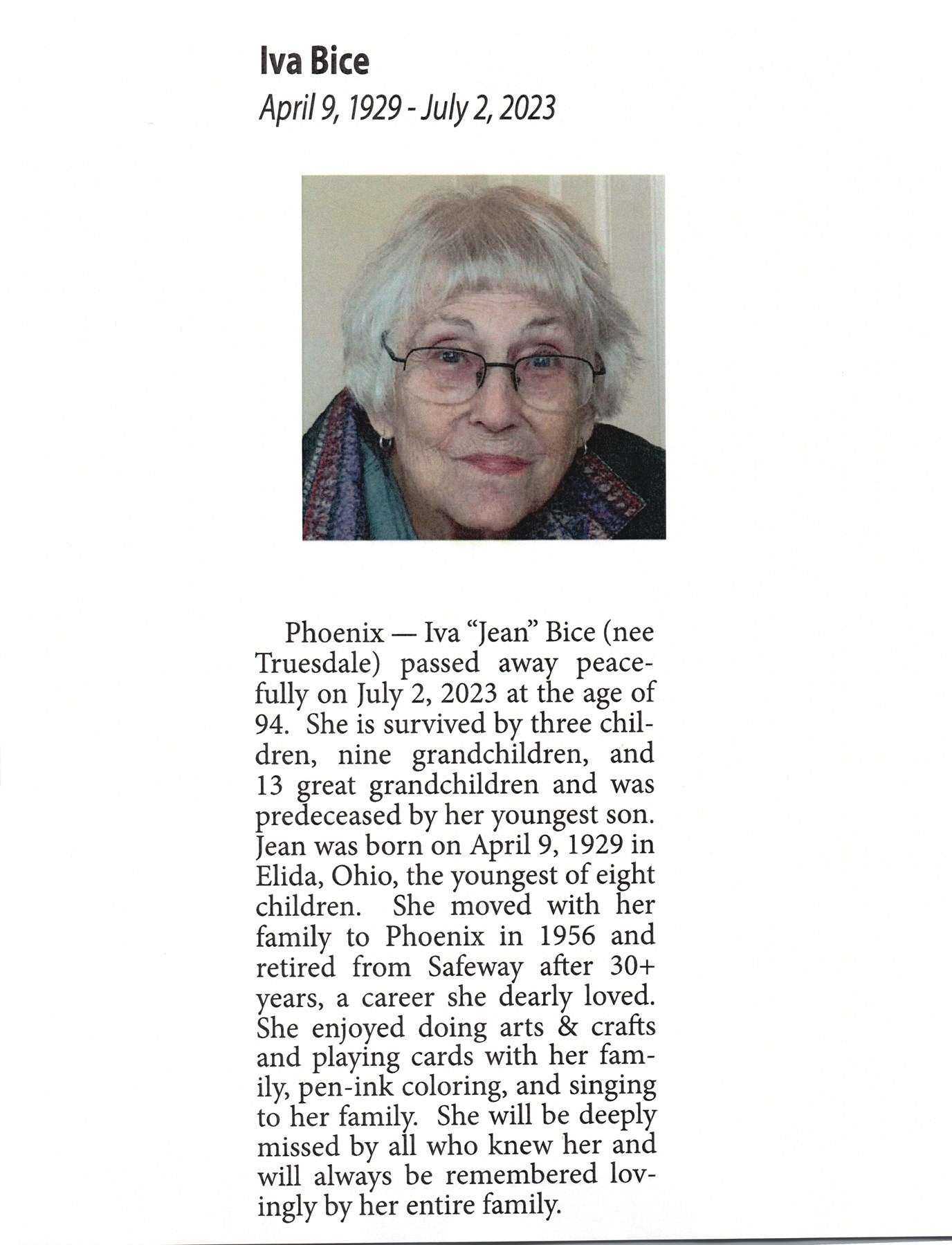 Obituary of Iva Jean Bice