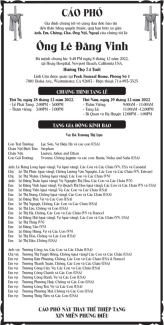 Obituary of Vinh Dang Le