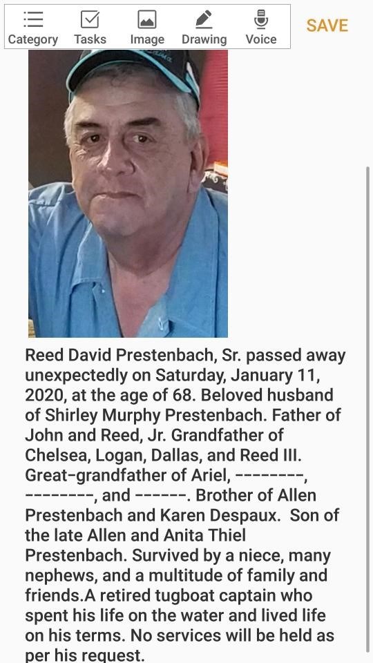 Obituary of Reed David Prestenbach Sr.