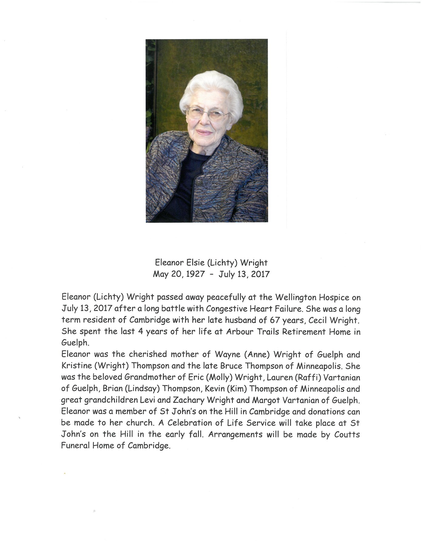 Obituary of Eleanor Elsie Wright