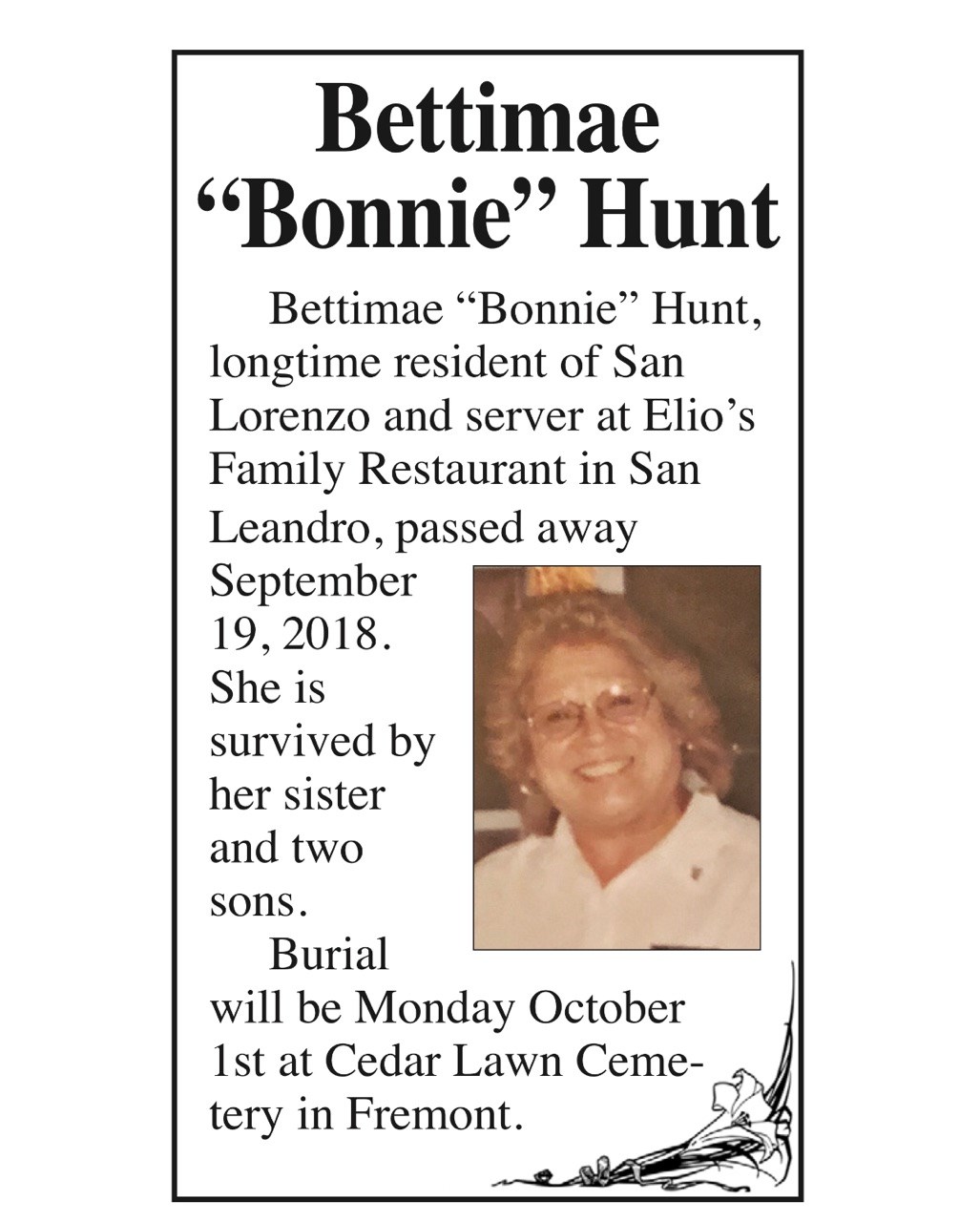 Obituary of Bettimae Elizabeth Hunt