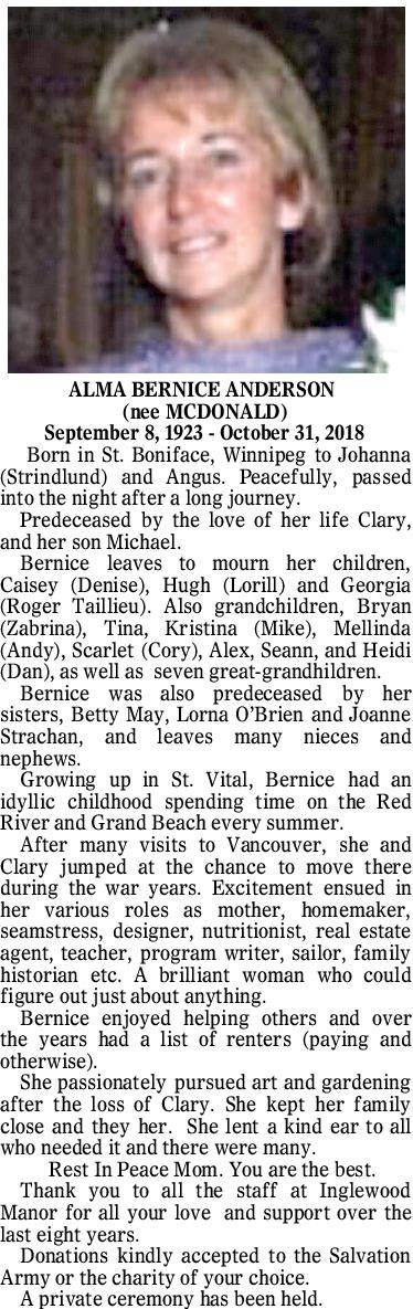 Avis de décès de Mrs. Alma Bernice Anderson