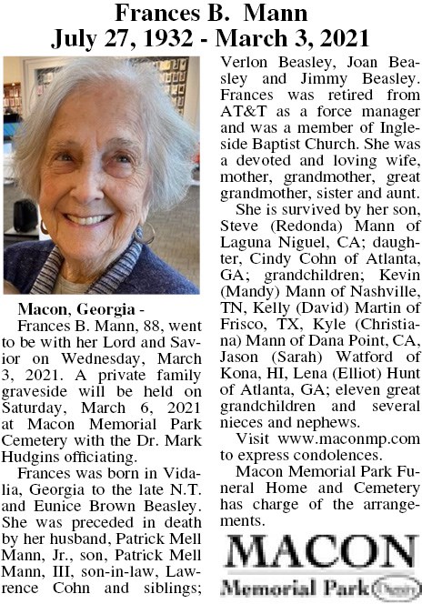 Obituary of Frances B. Mann