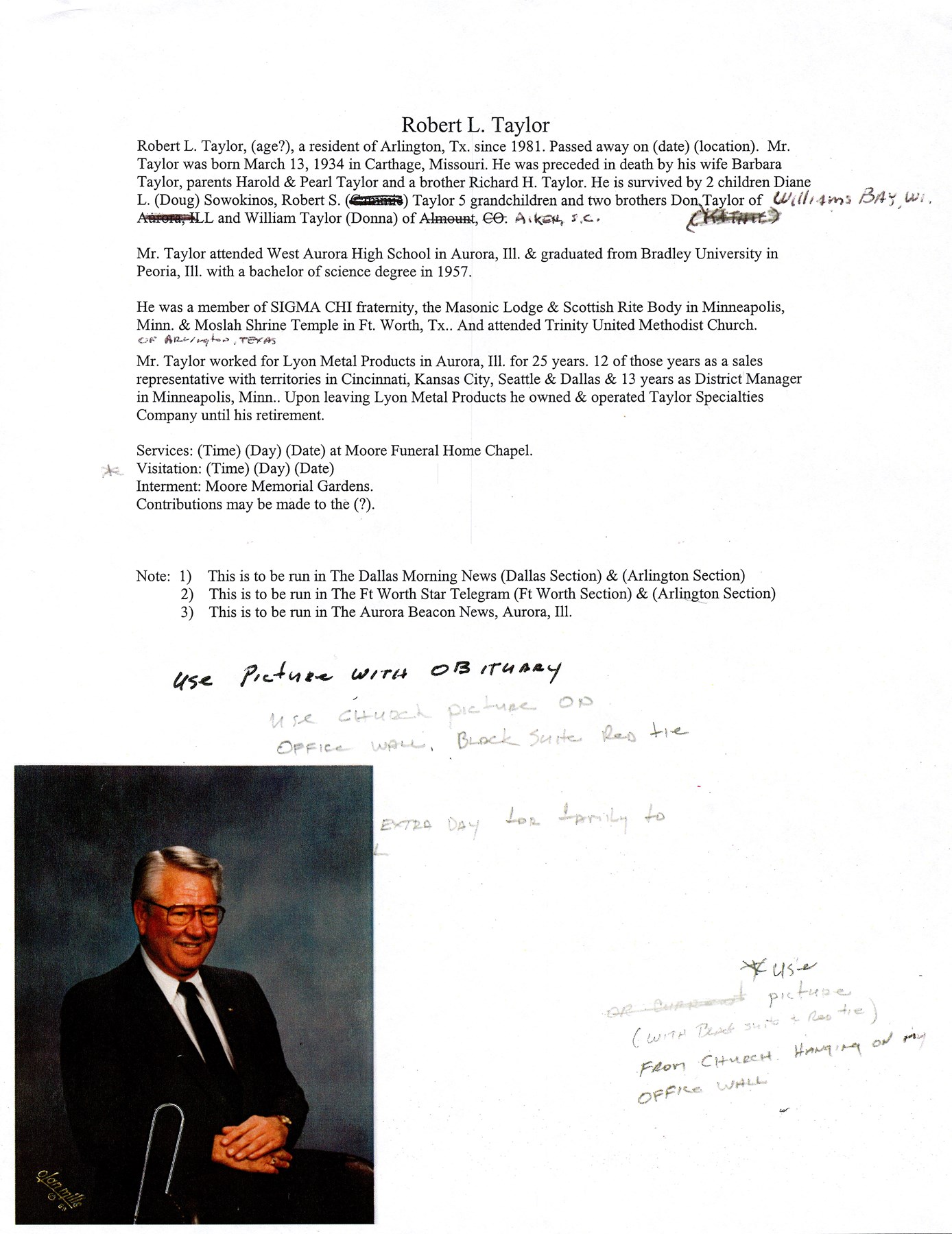 Obituary of Robert Lee Taylor