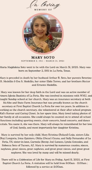 Obituary of Maria Magdalena Soto