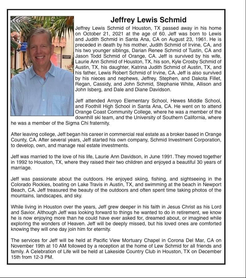 Obituary of Jeffrey Lewis Schmid