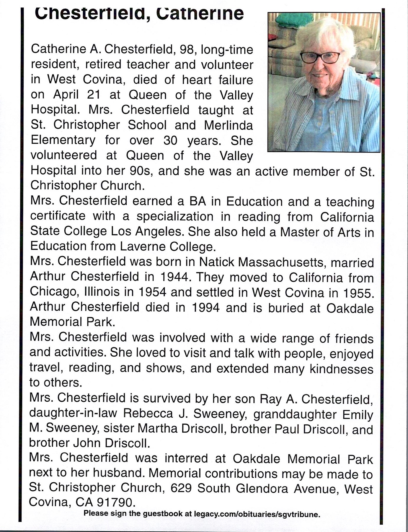 Obituary of Catherine A. Chesterfield